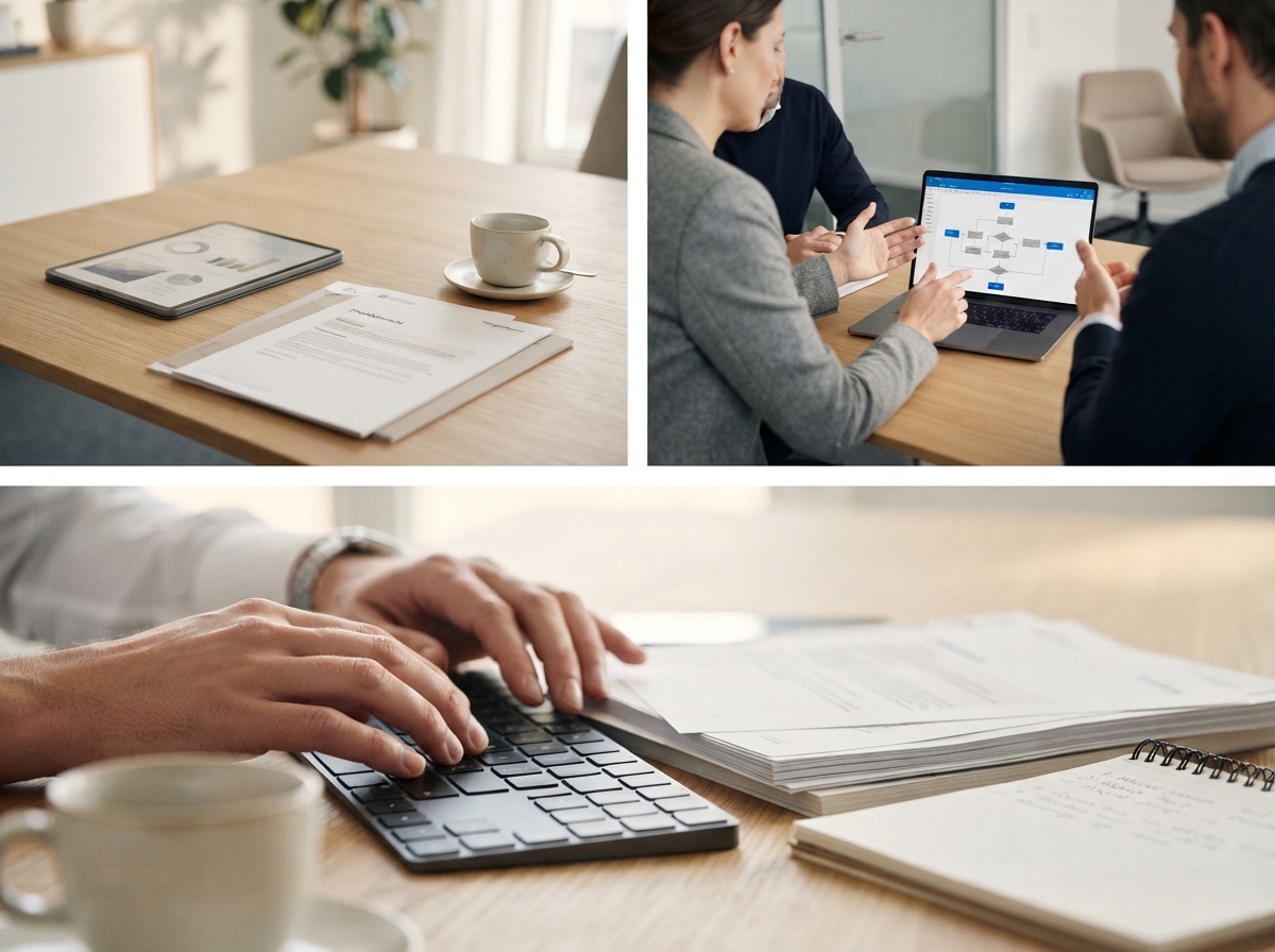Collage aus drei Büroszenen: Schreibtisch mit Tablet und Unterlagen, Beratungsgespräch am Laptop mit Prozessdiagramm, Hände an einer Tastatur